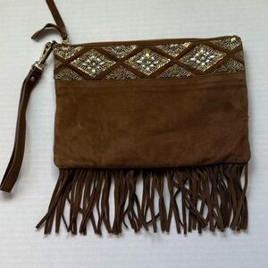 Chico's brand leather clutch with beaded geometric embroidery, fringe detailing.